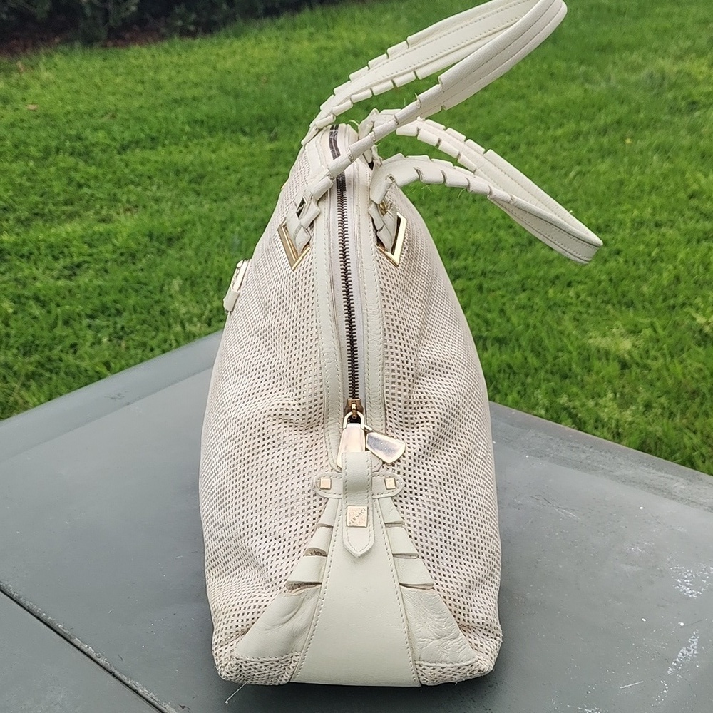 Versace Perforated Beige and Gold Leather Dome Shaped Satchel - Picture 5 of 14